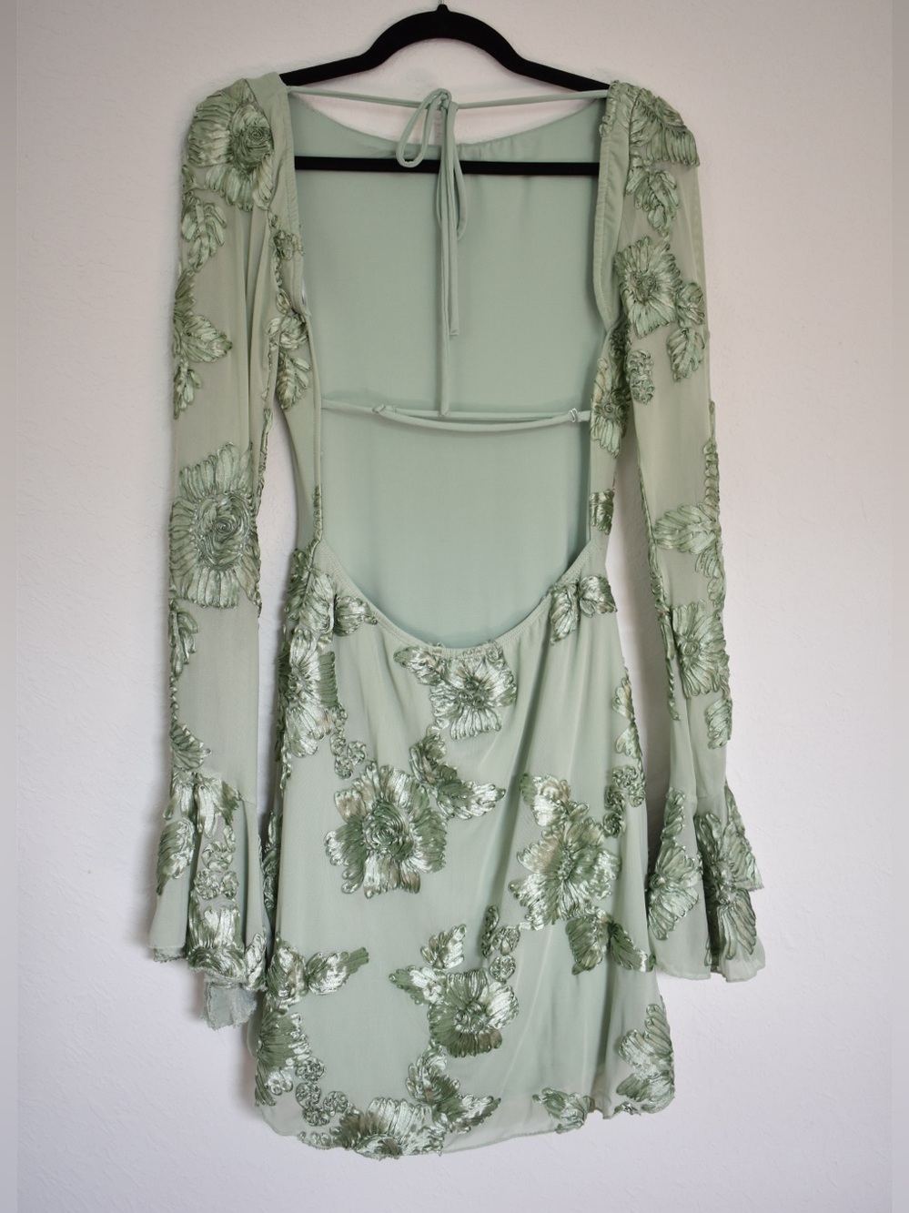 Hello Molly LOVE NOTES ONLY LONG SLEEVE Mesh MINI DRESS SAGE size Large - Picture 6 of 7